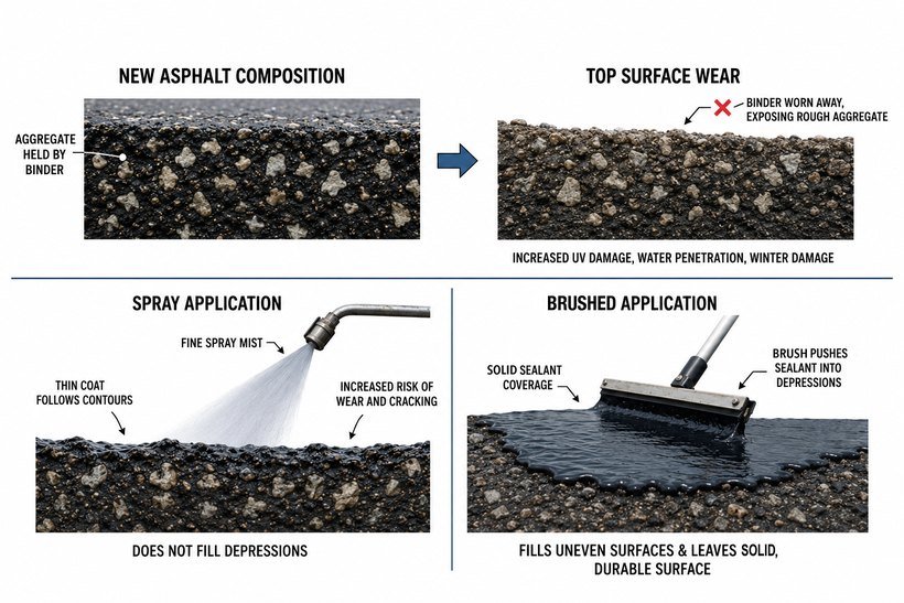 Asphalt wear cross-section, then spray and brushed application compared: spray lays a thin coat that follows the surface, while a brushed first coat pushes sealer into the low spots for solid coverage.