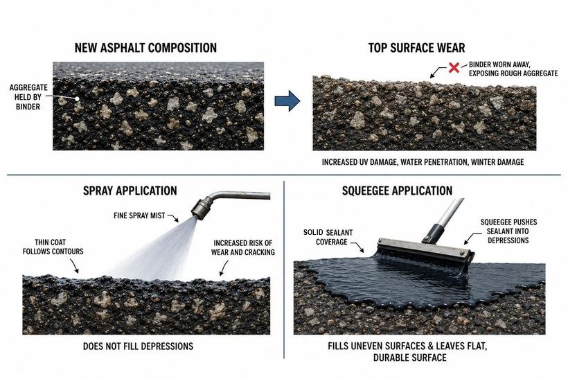 Asphalt wear cross-section and a comparison showing squeegee application pushes sealer into depressions for a solid, gap-free, longer-lasting first coat compared with spray.
